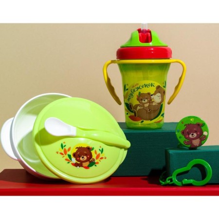 Drunker - children's impotion with silicone tube "My Teddy Bear", 240 ml., With handles, green color-6