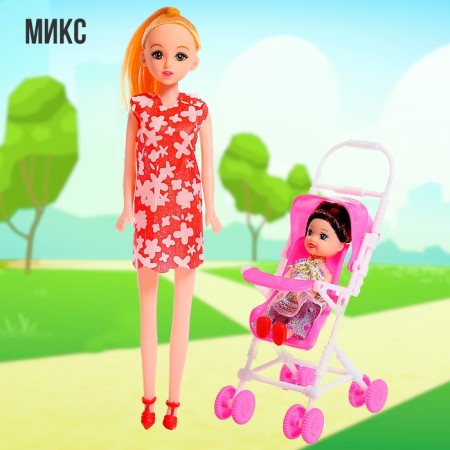 Mom and daughter doll with a stroller, mix-12