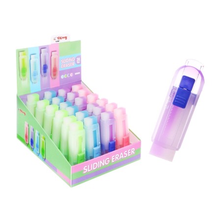Rectangular eraser in the color of the case, in a plastic sliding holder mix