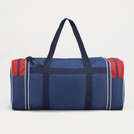 Road bag on a zipper, with an increase, 3 outer pockets, a long belt, blue/red color-1