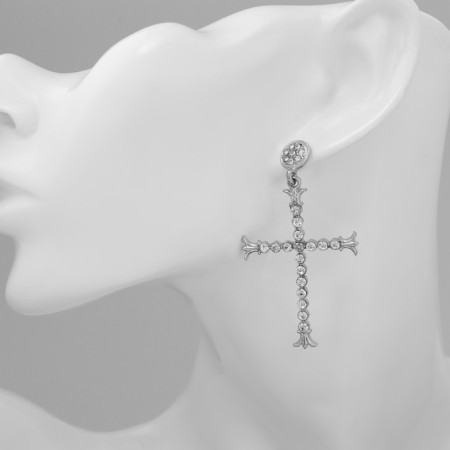Hanging earrings with rhinestones "Crosses" grace, white color in silver, 6cm-2