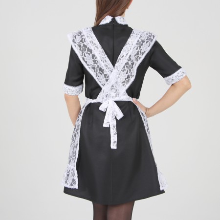 School apron with straps and bottom, guipure, flowers, p. 42-50, white color-2
