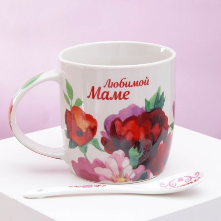 Ceramic mug with a spoon of "beloved mother", 350 ml, white color