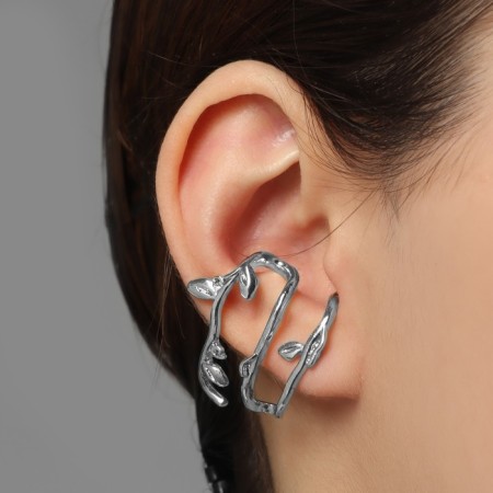 Earring "Kaff" Branch with leaves, silver color