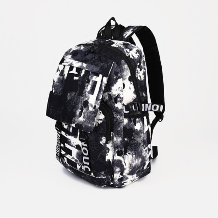 Young backpack from textiles with a zipper, 4 pockets, black/white color