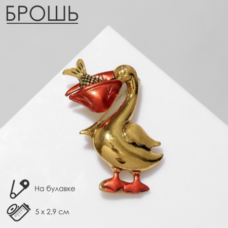 Pelican brooch, red color in black gold