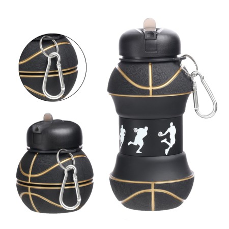 Water bottle, 550 ml, "basketball", folding, black, 18 x 8.7 cm