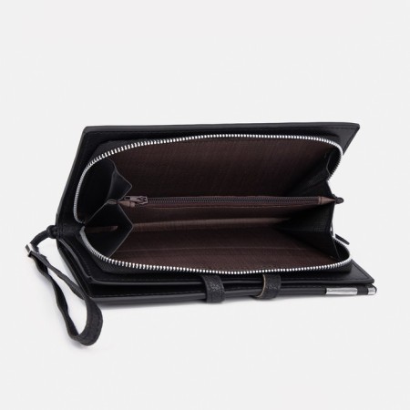 Men's purse on the button, a department for bills, for maps, for coins, black color-3
