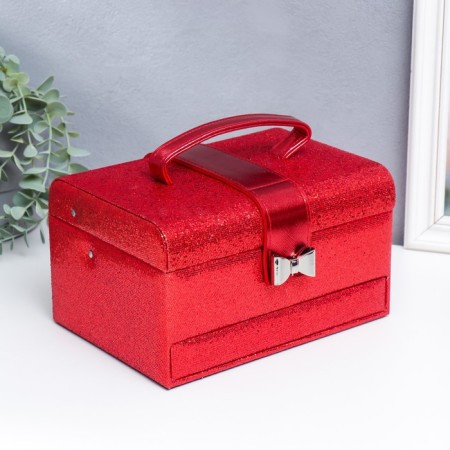Casket to the leatherette to decorations a chest with a bow "Small squares. Red" 13.5x16.5x23 cm