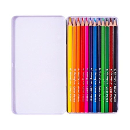 Pencils 12 colors, in metal pencil case, triangular, wooden, landscape, mix-2