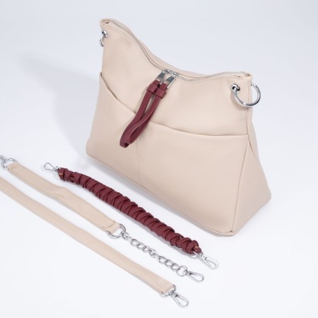 Bag-bag, lightning department, 3 outer pockets, long belt, beige/burgundy color-5
