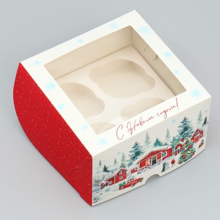 Folding box for 4 cupcakes with the window “Happy New Year!”, 16 x 16 x 10 cm, New Year-1