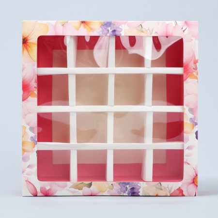 Box for sweets, confectionery packaging, 16 cells, “flowers” ​​17.7 x 17.7 x 3.8 cm-3