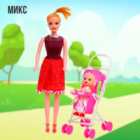 Mom and daughter doll with a stroller, mix-6