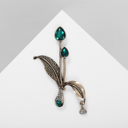 Brooch "Foliage" with dew, white-green color in black gold