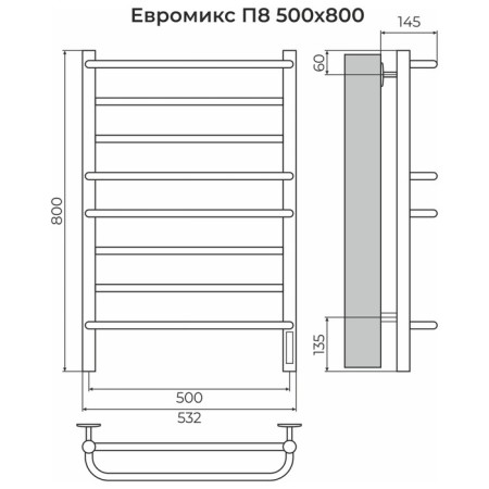 Terminus heated towel rail "Euromix" P8, 500x800 mm, on the right, white matte-2