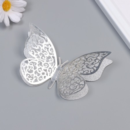 Stick paper, plastic "Flower butterflies silver" sparkles set 12 pcs 12 cm, 10 cm 8 cm 1052426-1