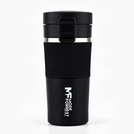 Thermal engine with the Mode Forrest button, 380 ml, the color is black, retains heat 6-8 hours