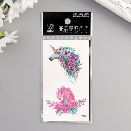 Tattoo on the body color "unicorns and peonies" 10.5x6 cm-2