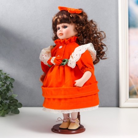 Doll Collectible Ceramics "Agatha in a bright orange dress and banta, with ruffles" 30 cm-3