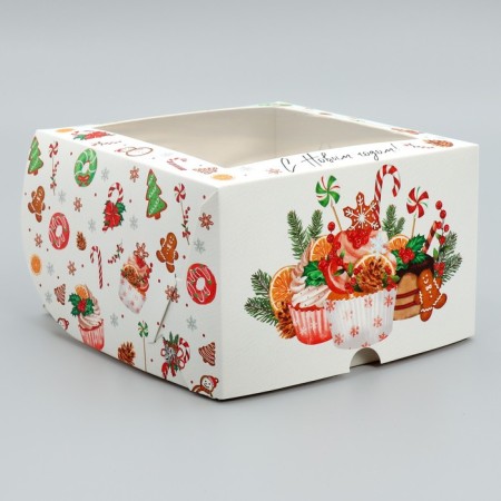 Folding box for 4 cupcakes with the window “Happy New Year!”, Sweets, 16 x 16 x 10 cm, New Year-2