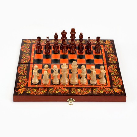 Board game 3 in 1 "Khokhloma Red": chess, backgammon, checkers, wood 40 x 40 cm-3