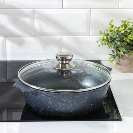 Granite fried, 3 l, d = 26 cm, h = 8 cm, anti-stick coating, glass cover, dark gray color-4