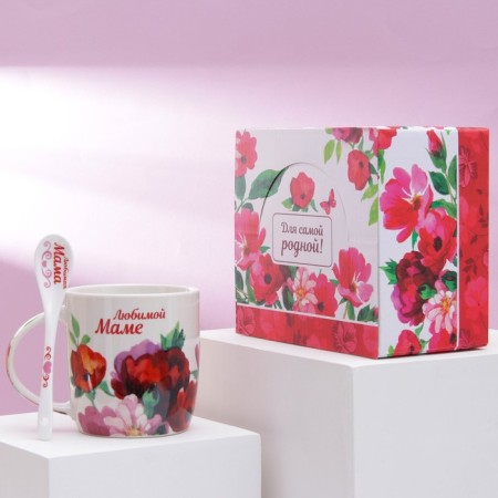 Ceramic mug with a spoon of "beloved mother", 350 ml, white color-3