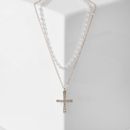Piece "Chain" thread of pearls, a smooth cross, white color in gold, 35 cm