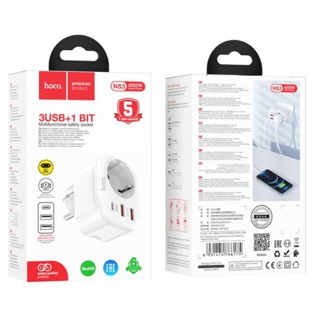Single Single Roset Hoco NS3, 2 USB, Type-C, 20 W, PD, QC, White-2