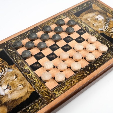 Backgammon "lion and tiger", wooden board 60 x 60 cm, with a field for playing checkers-2