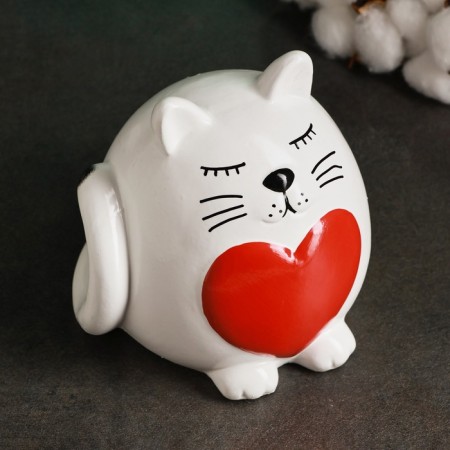 Piggy bank "Round Cat with Heart" White, 14cm-2
