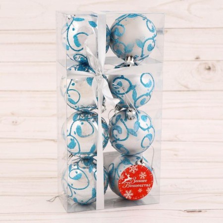 Set of balls Plastic D-6 cm, 8 pcs "Blue Pattern" silver-blue-1