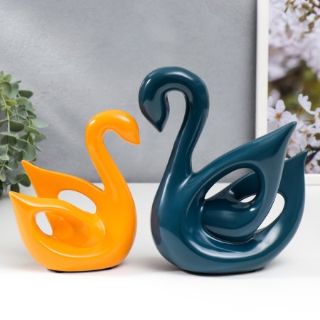 Souvenir Ceramics "Swans Blue and Orange" Gloss Set 2 pcs 14x6x15 15x20x20 cm-3