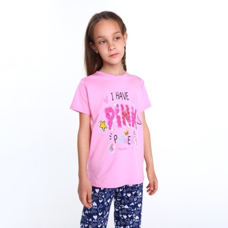 Pajamas (T -shirt, breeches) for girls, pink/blue color, height 122 cm-4