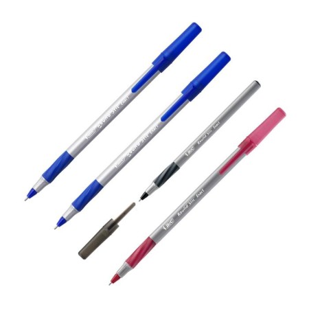 A set of ballpoint pens 4 pieces, BIC Round STIC EXACT, node 0.7 mm, blue, black, red, thin letter, rubber emphasis-9