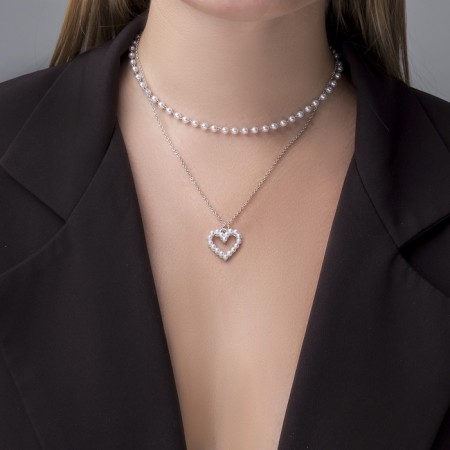 Pearl pearl “chain” Olympia, heart, white color in silver, 40 cm