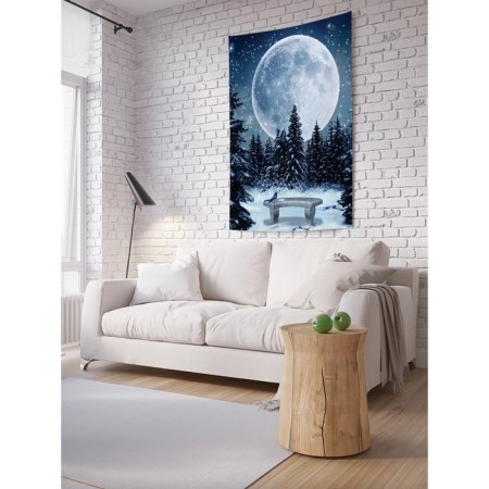 Decorative panel with photo printing "bench in a spruce forest", vertical, size 100x150 cm