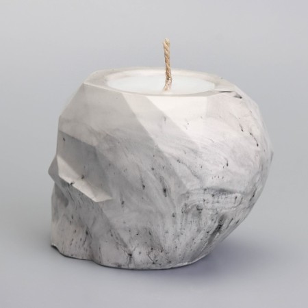 Candle "Skull" in a candlestick of gypsum with faces, 6x9x6.5cm, marble with black stripes-2