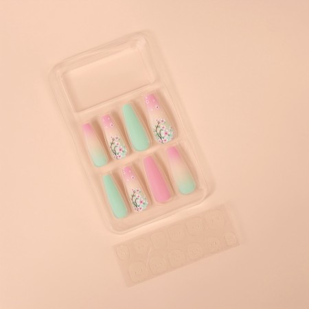 Sakura's overhead nails, 12 pcs, with glue plates, ballerina shape, pink/green color-1