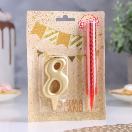Candle for cake the number "8", "Oval + fountain" Golden-1