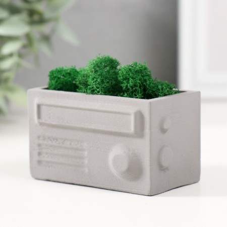 Kashpo concrete mini "Retro radio" with moss lightly gray 8x4x4.5cm (moss green stabilizer.)-2