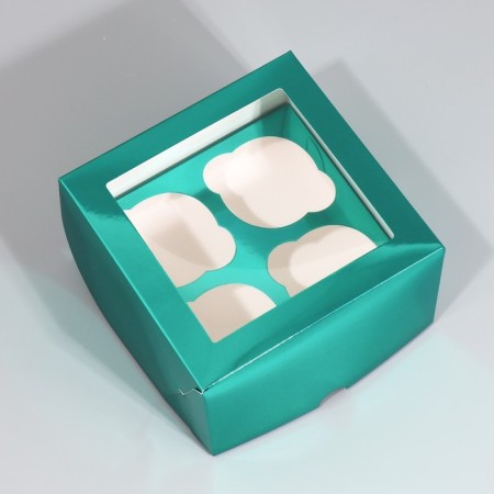 Capcake box, confectionery packaging with a window, 4 cells "Blue", 16 x 16 x 10 cm-1