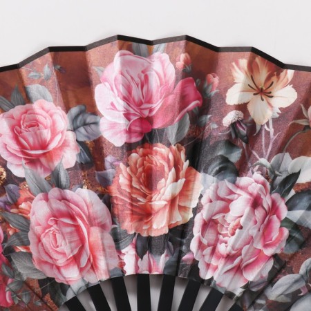 Fan plastic, textile h = 26.5 cm "Large roses on a coffee background"-1