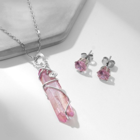 Set 2 objects: earrings, pendant pendant, pink color in silver-3