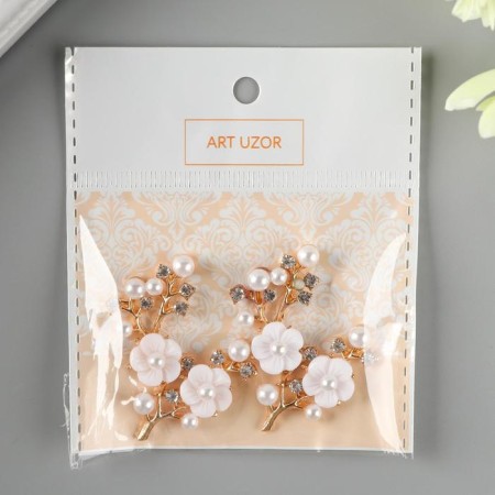 Decor for creativity Metal "Flower branch" pearls, rhinestones, gold 3.5x4 cm-2