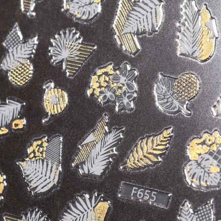 Nail stickers "leaflets", metallized, white/golden color-2