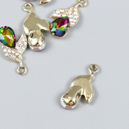 Decor for creativity metal, rhinestones "Two leaves with crystal" gold, green 1.1x2.1 cm-1