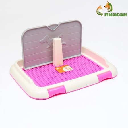 Dog toilet 46.5 x 35.5 x 5.5 cm, with a wall, a removable grate and a column, pink