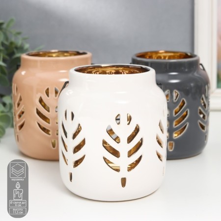 Ceramics candlestick for 1 candle "Lantern. Leaves" inside gold Mix 11.5x9.5x9.5 cm